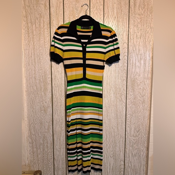 New York & Company Stripe Puff-Sleeve Polo Midi Sweater Dress Size Large - Picture 2 of 7